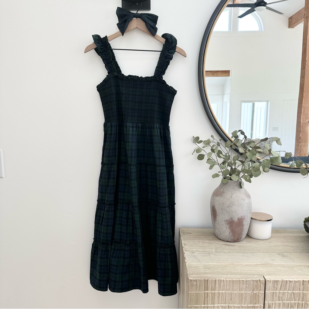 J. Crew Plaid Smocked Tiered Ruffle Sleeve Dress And Matching Barrette